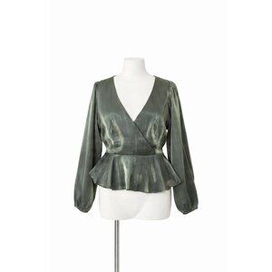 Peach Olive Green Metallic Peplum Wrap Blouse M Long Sleeve Party